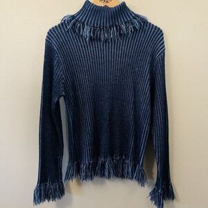 Jazzie Tassel Knit Turtleneck Sweater Ribbed  Striped Boho Western Blue Size XL
